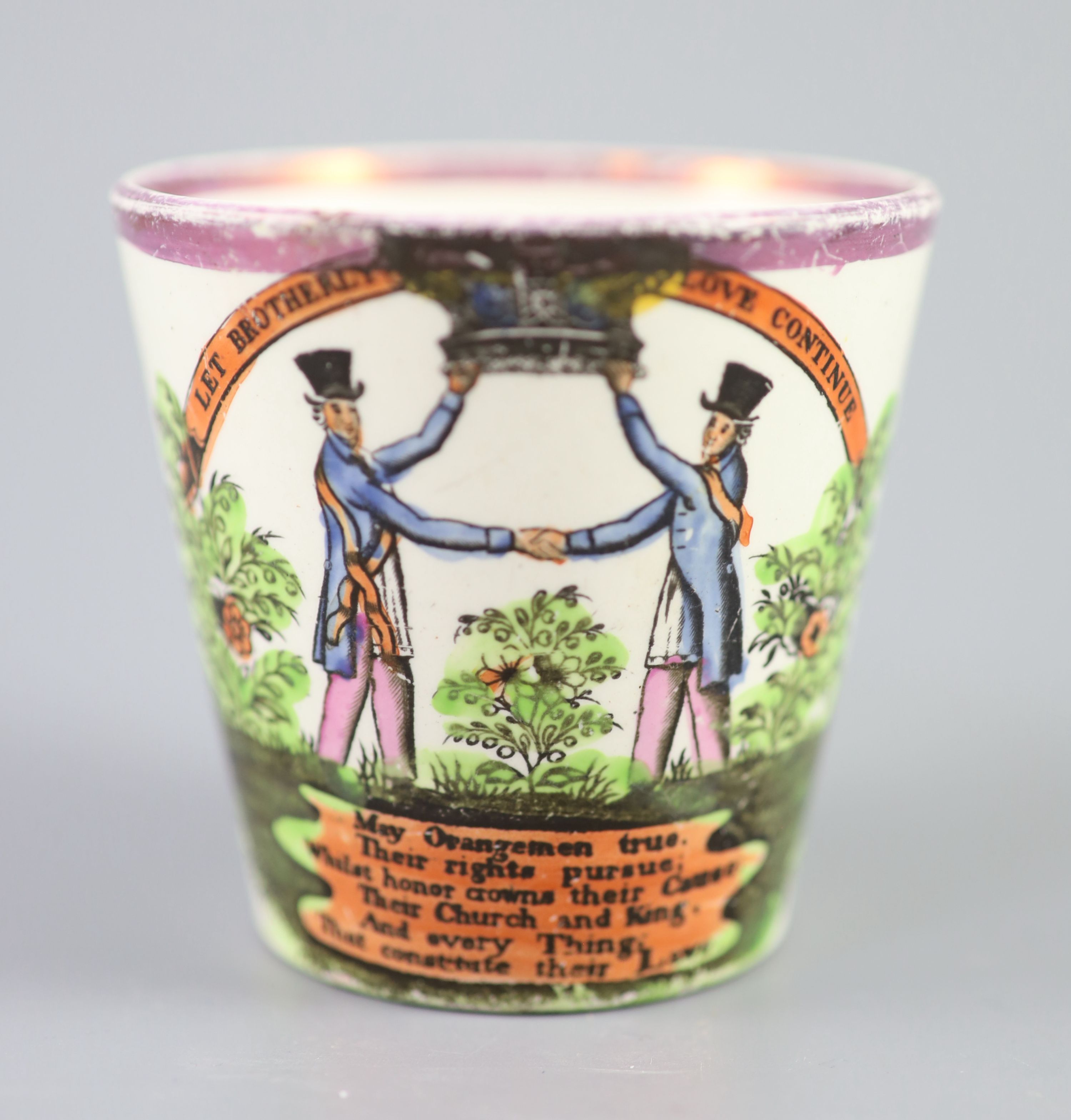 A rare pearlware Orangemen pink lustre beaker, c.1830, 7cm high